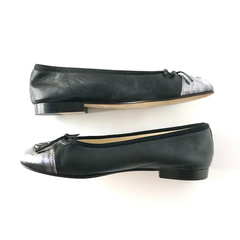 Chanel CC Logo Bow Detail Gunmetal Black Two Tone Leather Ballerina Flats 36